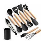 Black and Wooden Kitchen Utensil Set